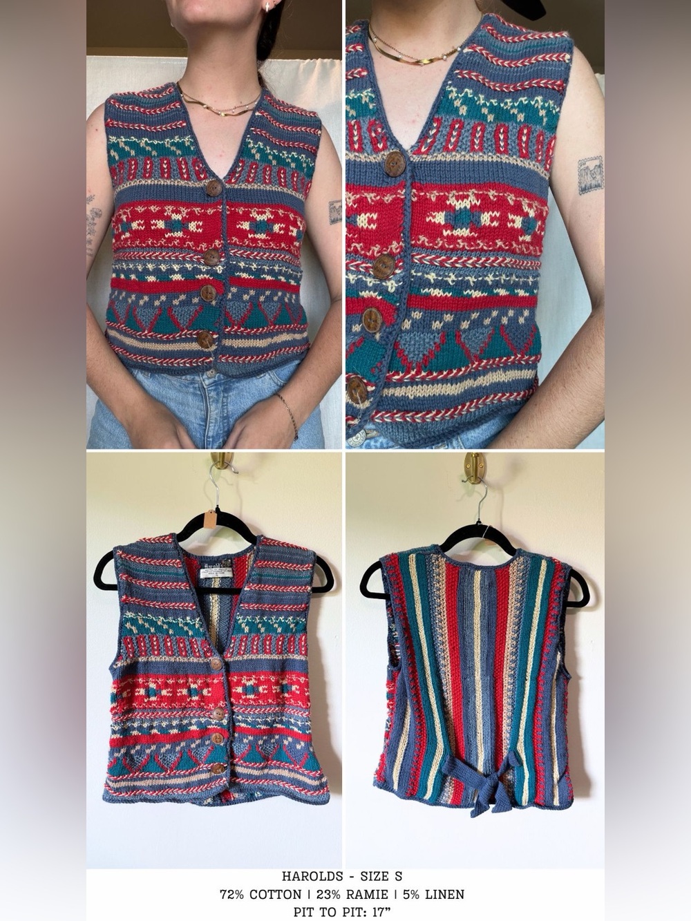 vintage chunky knit button front cardigan vest tank top maximalist boho size Sm - Picture 4 of 4